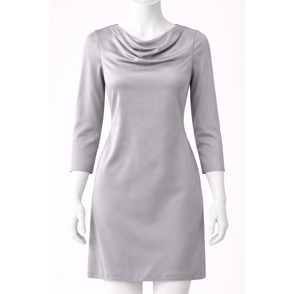 Jones New York Dress Womens 14 Gray Cowl Neck Long Sleeve Shift Dress Satin Trim